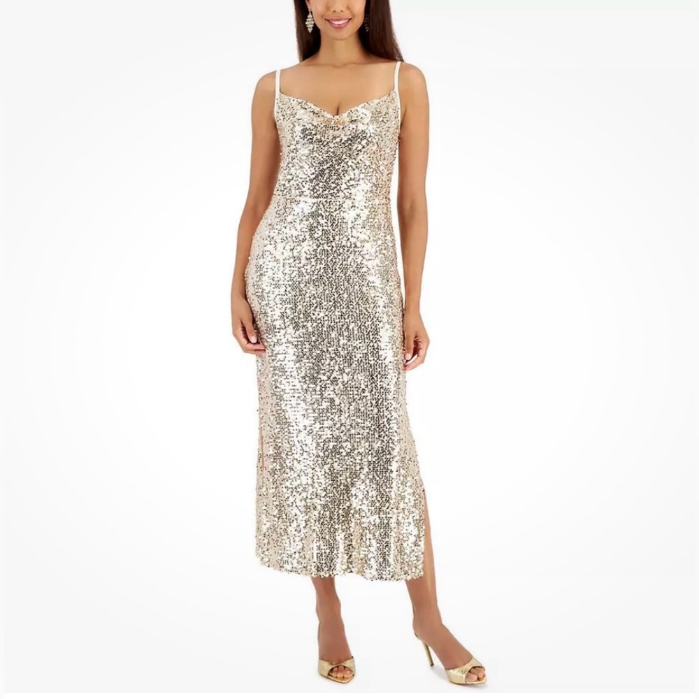 NWT TAYLOR dress size 2 gold draped-neck sequined dress PERFECT 💛💛